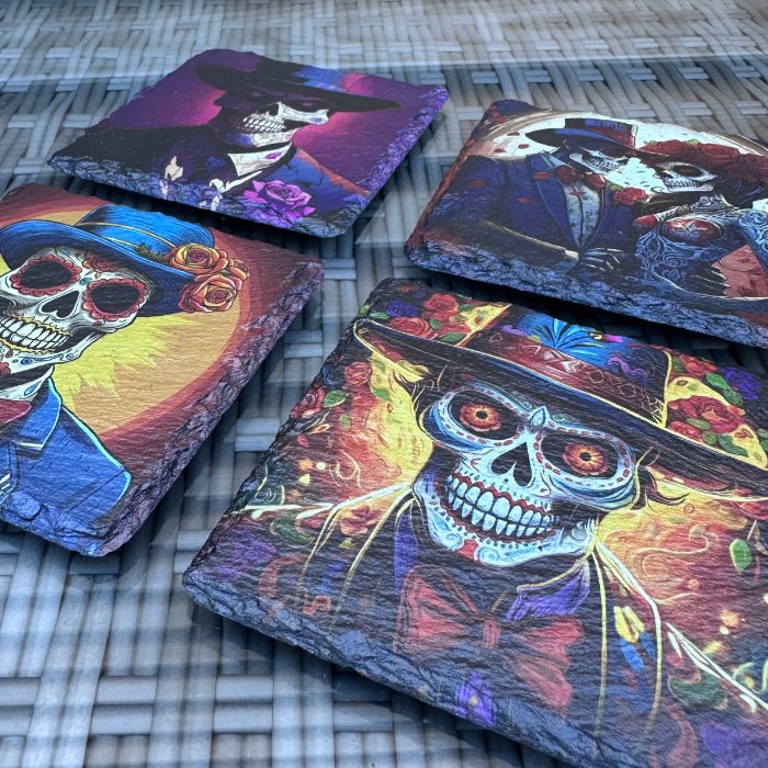 Day of the Dead Slate Coaster - Floral Skeleton - GameOn.games