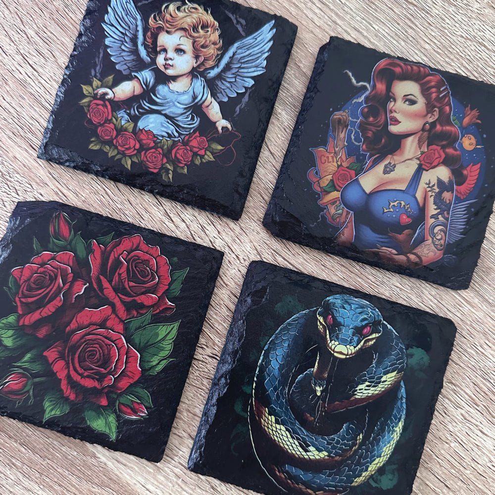 Gothic Tattoo Slate Coasters - Cherub - GameOn.games