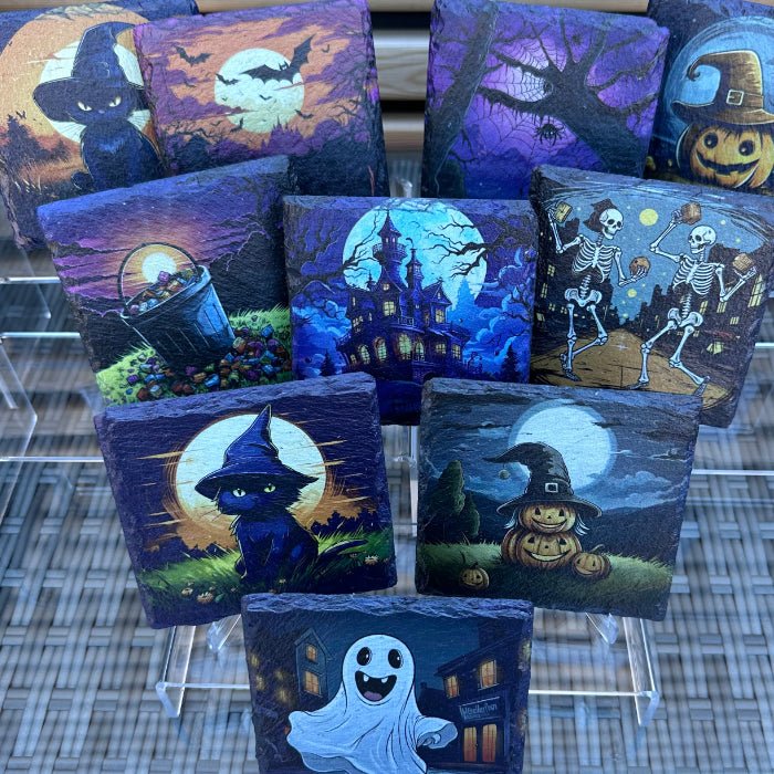 Halloween Slate Coasters - Black Cat Witch - GameOn.games