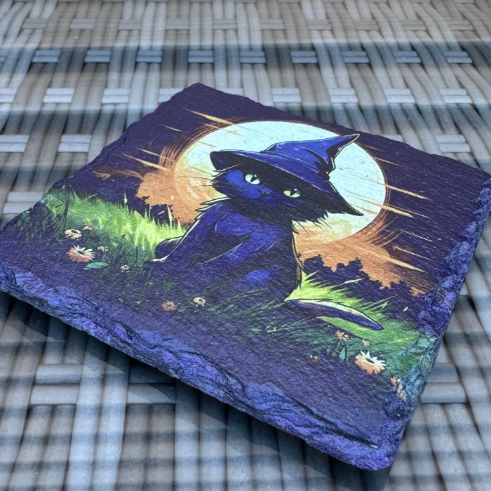 Halloween Slate Coasters - Black Cat Wizard - GameOn.games