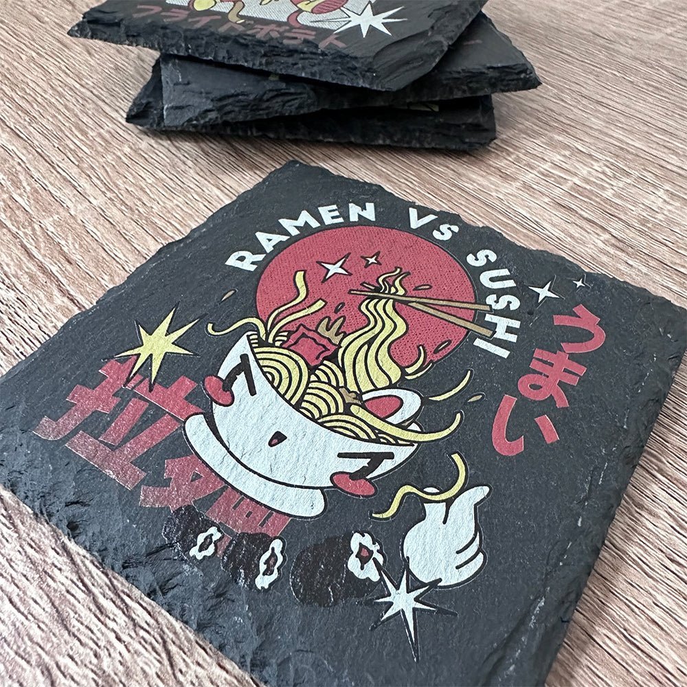 Retro Japanese Food Slate Coasters - Ramen vs Sushi - GameOn.games